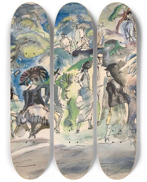 Triptych art skateboard deck of Jules Pascin Parc La Havanne by Jules Pascin (1885-1930)
