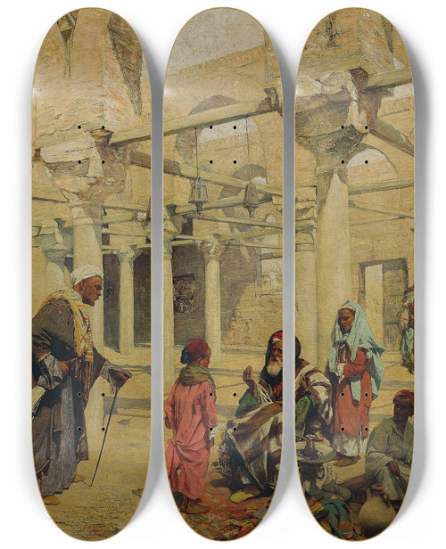Triptych art skateboard deck of Alphons Leopold Mielich School In Benassa by Alphons Leopold Mielich (1863-1929)
