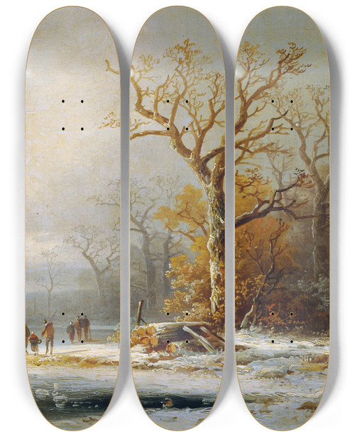 Triptych art skateboard deck of Remigius Adrianus Van Haanen Winterlandschaft_1 by Remigius Adrianus Van Haanen (1812-1894)