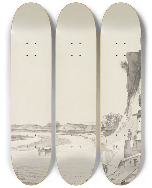 Triptych art skateboard deck of William Hodges Original Drawings For Choix De Vues De Linde And Others Pl47 by William Hodges (1744-1797)