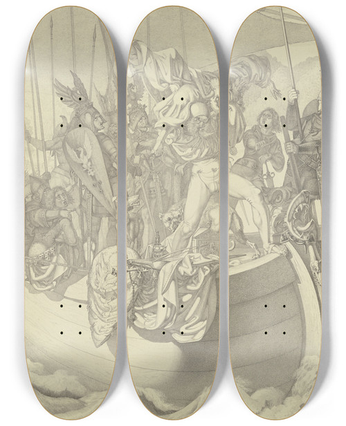 Triptych art skateboard deck of Ferdinand Fellner Hagen Wirft Den Kaplan Ber Bord by Ferdinand Fellner (1799-1859)