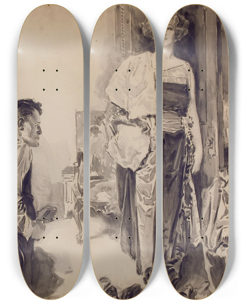 Triptych art skateboard deck of Howard Chandler Christy The Photo Shoot by Howard Chandler Christy (1873-1952)