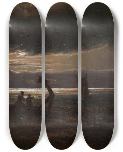 Triptych art skateboard deck of Johan Christian Dahl Mother And Child By The Sea by Johan Christian Dahl (1788-1857)