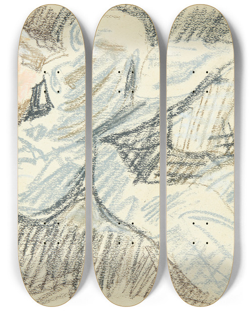 Triptych art skateboard deck of Peter Hansen Billedhuggeren Kai Nielsen Hviler Sig Under Arbejdet P Mads Rasmussens Statue by Peter Hansen (1868-1928)