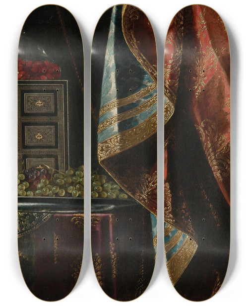 Triptych art skateboard deck of Carlo Manieri Still Life Of A Chest Fruit And Other Objects On A Brocade Draped Table by Carlo Manieri (1662-1700)