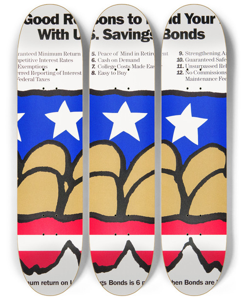 Triptych art skateboard deck of National Institutes Of Health A Dozen Good Reasons To Build Your Nest Egg With Us Savings Bonds by National Institutes Of Health (1887)