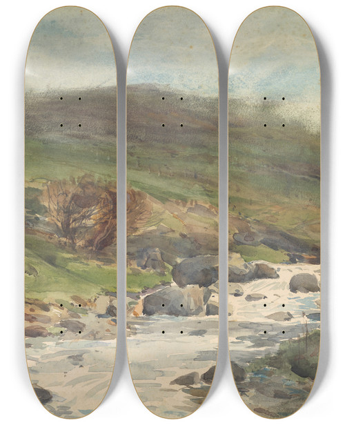 Triptych art skateboard deck of Alfred Walsh Mountain Stream Kaikoura by Alfred Walsh (1859-1916)
