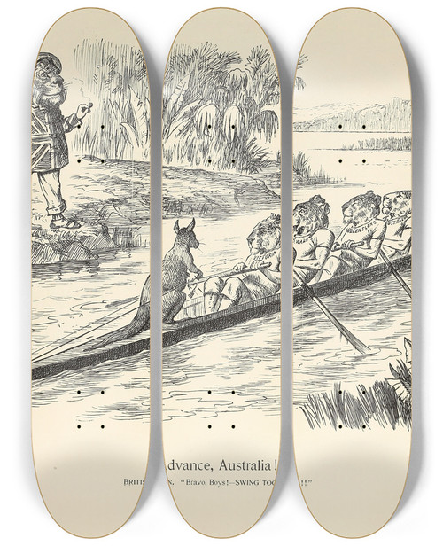 Triptych art skateboard deck of Sir John Tenniel Advance Australia by Sir John Tenniel (1820-1914)