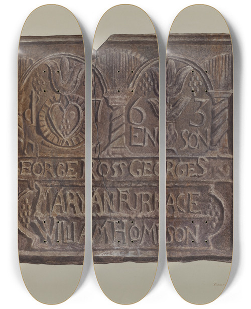 Triptych art skateboard deck of Edward L Loper Pennsylvania German Fireback by Edward L Loper (1916-2011)