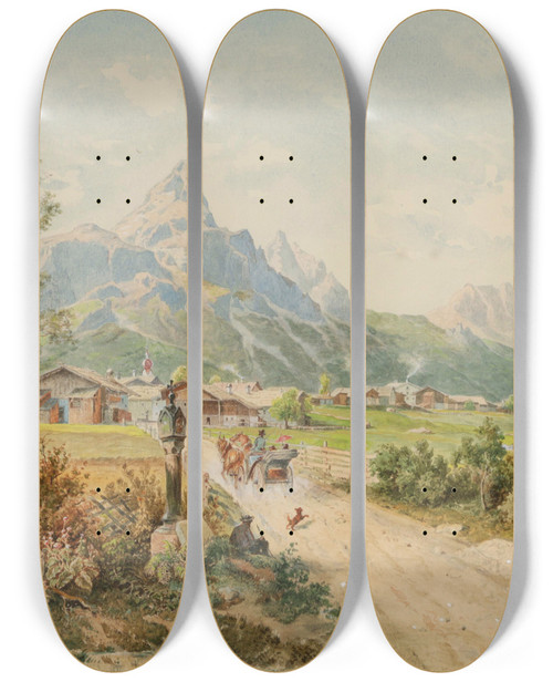 Triptych art skateboard deck of Ferdinand Gatt Die Sonnenspitze Bei Ehrwald by Ferdinand Gatt (1847-1909)
