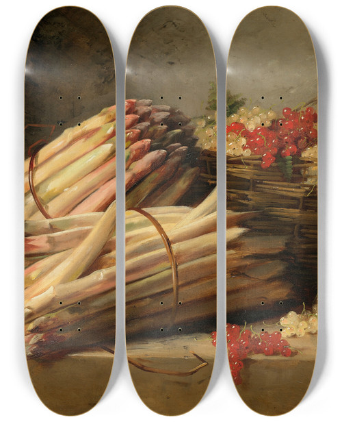 Triptych art skateboard deck of Arthuralfred Brunel De Neuville Nature Morte Aux Asperges Et Groseilles Sur Un Entablement De Pierre by Arthur-Alfred Brunel de Neuville (1852-1941)