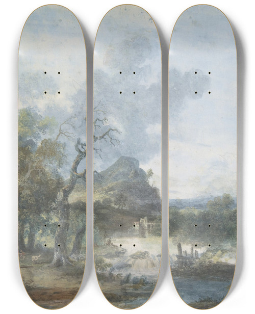 Triptych art skateboard deck of Louis Gabriel Moreau Shepherdess Near A Waterfall by Louis Gabriel Moreau (1740-1806)