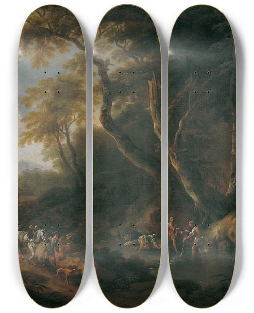 Triptych art skateboard deck of Maximilian Joseph Schinnagl Waldlandschaft Mit Gewsser Rechts by Maximilian Joseph Schinnagl (1697-1762)