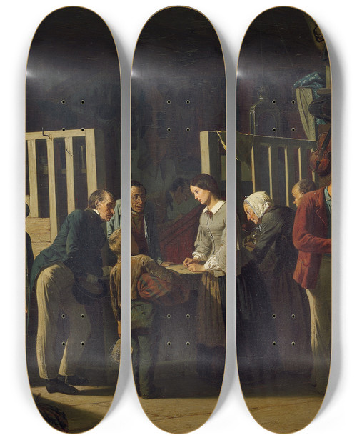 Triptych art skateboard deck of Carl Dunker The Pawn Shop Ii by Carl d'Unker (1829-1866)