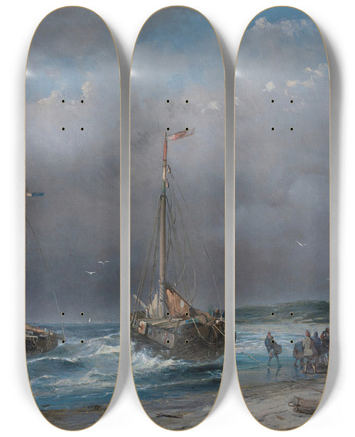 Triptych art skateboard deck of Andreas Schelfhout Unloading The Catch by Andreas Schelfhout (1787-1870)