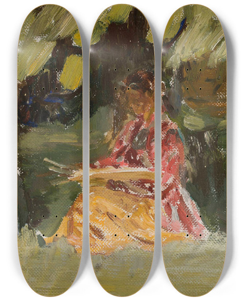 Triptych art skateboard deck of Jan Cigliski Painter Katarzyna Wachter At Work by Jan Ciaglinski (1858-1913)