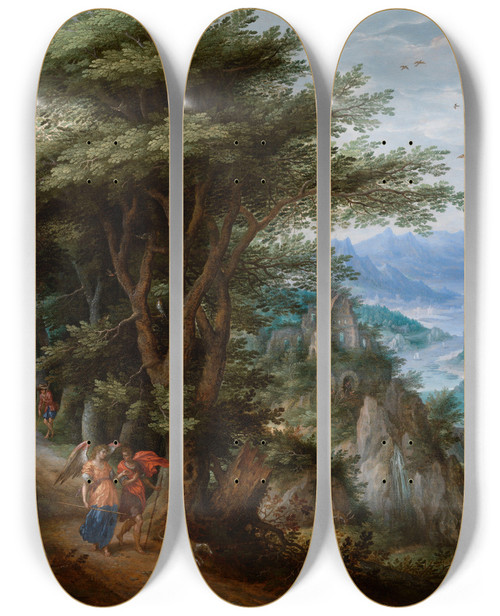 Triptych art skateboard deck of Denis Van Alsloot Ii Tobias And The Angel In A Landscape by Denis Van Alsloot Ii