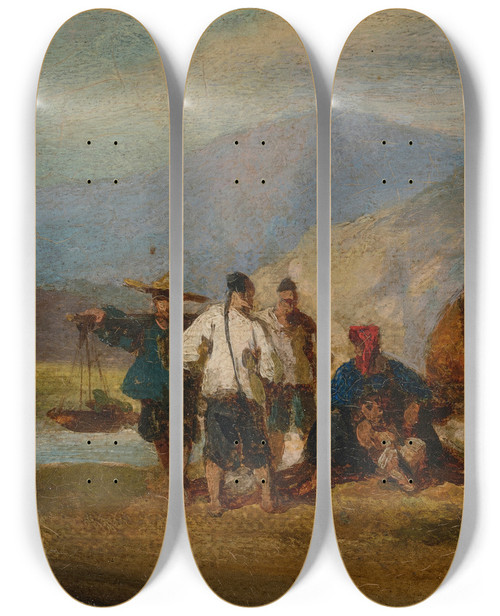 Triptych art skateboard deck of George Chinnery Tanka Boatpeople And A Vendor On The Coast At Macau by George Chinnery (1774-1852)