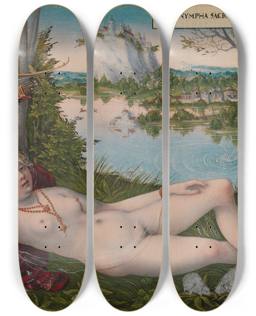 Triptych art skateboard deck of Lucas Cranach The Younger Nymph Of The Spring by Lucas Cranach the Younger (1515-1586)