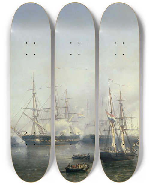 Triptych art skateboard deck of Louis Meijer Conquest Of Palembang Sumatra In Indonesia By Lieutenantgeneral De Kock June 24 1821 by Louis Meijer (1809-1866)