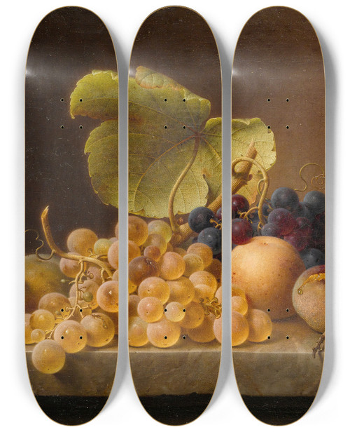 Triptych art skateboard deck of Johann Wilhelm Preyer Still Life With Grapes by Johann Wilhelm Preyer (1803-1889)