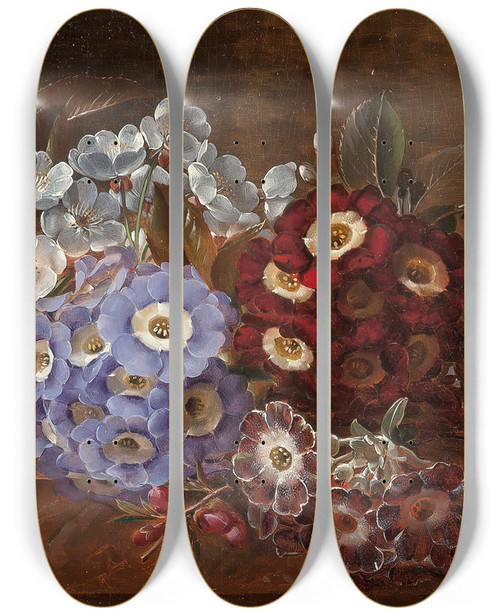 Triptych art skateboard deck of Johan Laurentz Jensen Still Life With Primroses On A Marble Ledge by Johan Laurentz Jensen 2 (1800-1856)