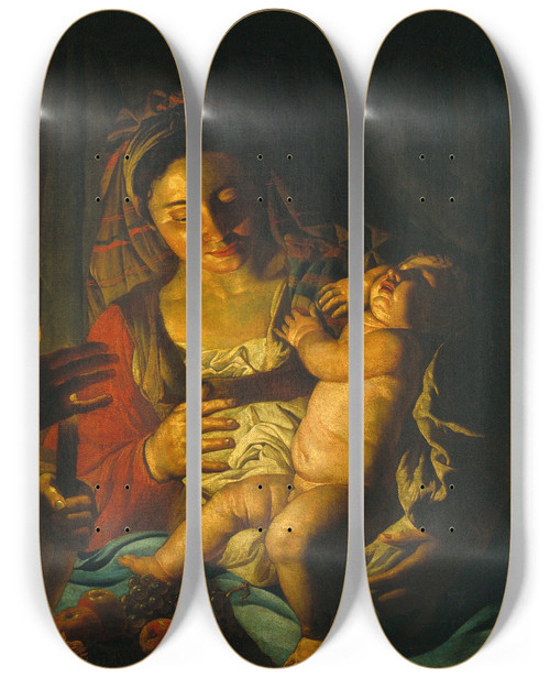 Triptych art skateboard deck of Matthias Stom Holy Family by Matthias Stom (1600-1650)