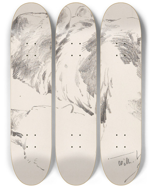 Triptych art skateboard deck of Wilhelm Kuhnert Brenstudien by Wilhelm Kuhnert (1865-1926)