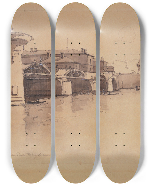 Triptych art skateboard deck of Eugne Bjot Dmolition Du Pont Notredame by Eugene Bejot (1867-1931)