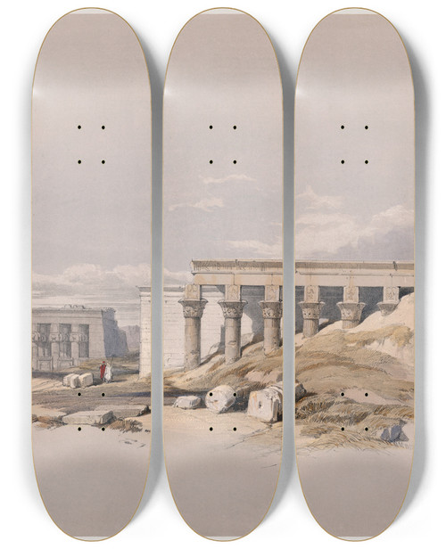 Triptych art skateboard deck of David Roberts Lateral View Of The Temple Called The Typhonum At Dendera Dandara by David Roberts (1796-1864)