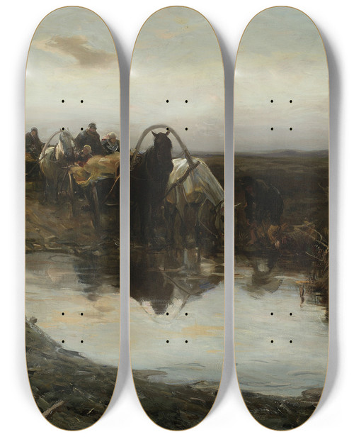 Triptych art skateboard deck of Alfred Von Wieruszkowalski Peasant Carts In Front Of A Puddle by Alfred Von Wierusz-Kowalski (1849-1915)