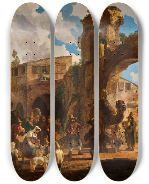 Triptych art skateboard deck of Heinrich Brkel The Performing Bears Come To An Italian Village by Heinrich Burkel (1802-1869)
