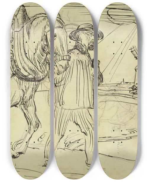 Triptych art skateboard deck of Fritz Boehle Man And Horse by Fritz Boehle (1873-1916)
