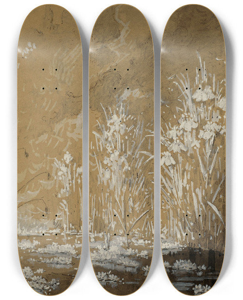 Triptych art skateboard deck of Pierreeugne Montzin Tang Fleuri Tude Pour Ltang Aux Nnuphars Et Libellules by Pierre-Eugne Montzin (1874-1946)
