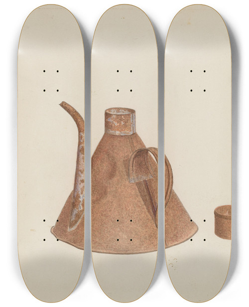 Triptych art skateboard deck of Earl Butlin Oil Can With Spout by Earl Butlin