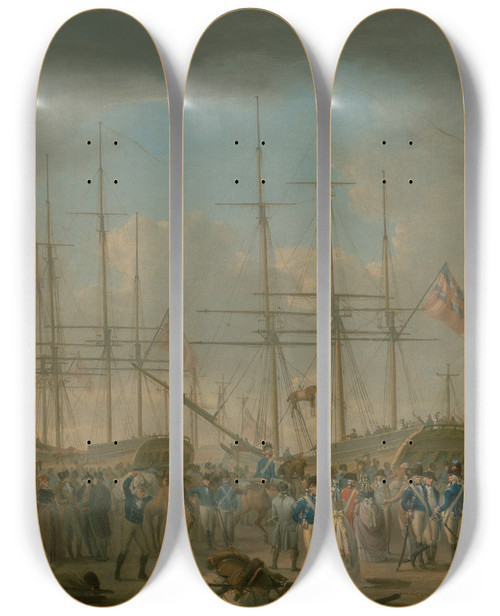 Triptych art skateboard deck of William Anderson Hussars Embarking At Deptford by William Anderson (1757-1837)