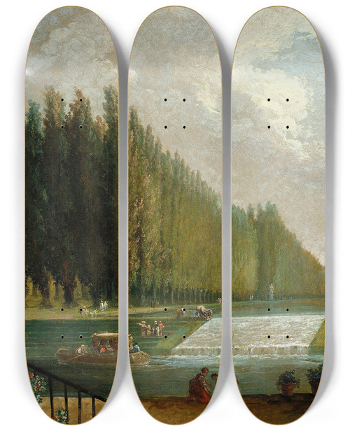 Triptych art skateboard deck of Hubert Robert The Park Of A Country Villa With Figures Promenading Near A Cascade Of Water by Hubert Robert (1733-1808)