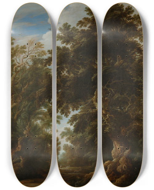 Triptych art skateboard deck of Alexander Keirincx Landscape With A Deer Hunt by Alexander Keirincx (1600-1652)