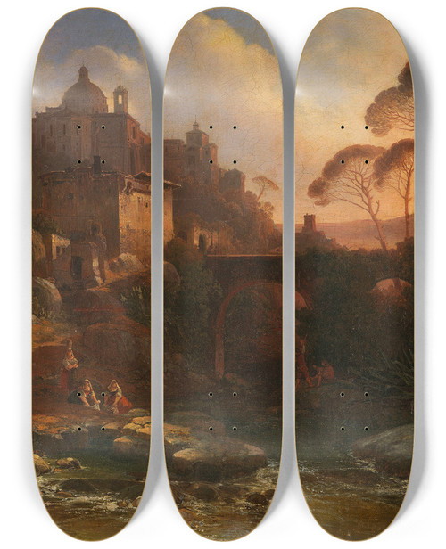 Triptych art skateboard deck of Wilhelm August Schirmer Ariccia by Wilhelm August Schirmer (1802-1866)
