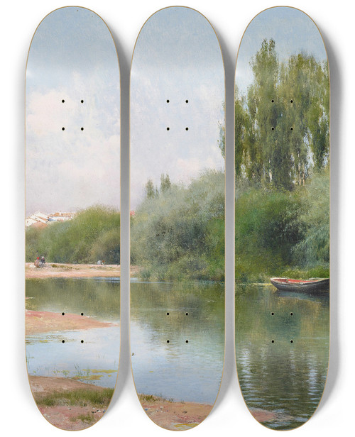 Triptych art skateboard deck of Emilio Snchezperrier On The Guadalquivir Seville_2 by Emilio Snchez-Perrier (1855-1907)