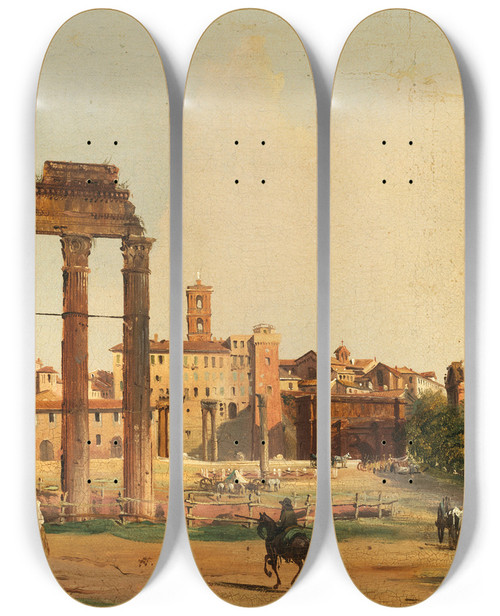 Triptych art skateboard deck of Ippolito Caffi Rome A View Of The Roman Forum With The Temple Of Castor And Pollux by Ippolito Caffi (1809-1866)