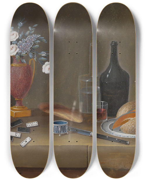 Triptych art skateboard deck of Johann Rudolff Feyerabend Still Life Of Dominos A Vase Of Flowers Bottles Fruit And Other Objects by Johann Rudolff Feyerabend (1779-1814)
