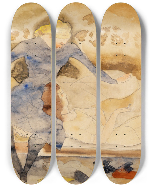Triptych art skateboard deck of Charles Demuth Nana Visiting Her Friend Satin by Charles Demuth (1883-1935)