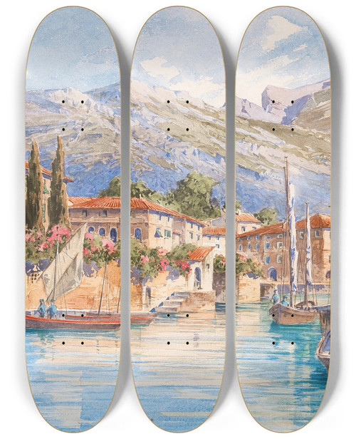 Triptych art skateboard deck of Fritz Lach A Motif From Torbole by Fritz Lach (1868-1933)