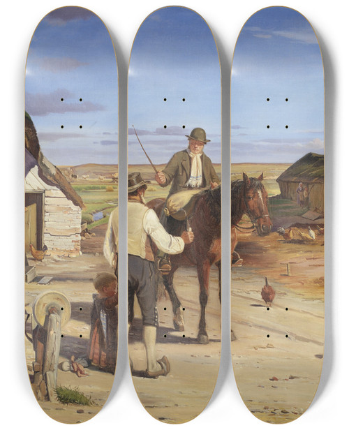 Triptych art skateboard deck of Hans Smidth A Stranger Asking His Way At A Farm On The Moors by Hans Smidth (1839-1917)
