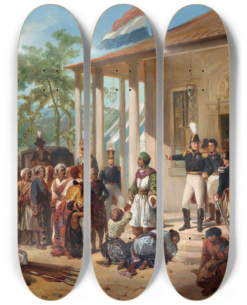 Triptych art skateboard deck of Nicolaas Pieneman The Arrest Of Diepo Negoro By Lieutenantgeneral Baron De Kock by Nicolaas Pieneman (1809-1860)