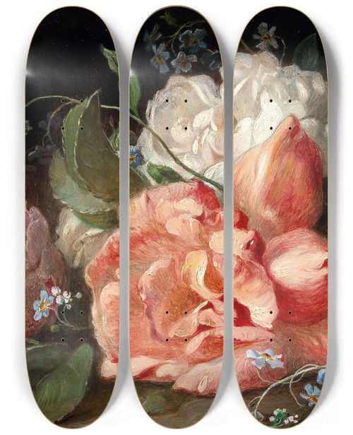 Triptych art skateboard deck of Josef Neugebaue A Bouquet Of Flowers With Roses And Forgetmenots by Josef Neugebaue