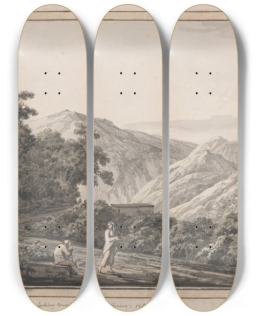 Triptych art skateboard deck of Jacob More View Near The Mill Looking Toward Licenza Horaces Villa On The Left by Jacob More (1740-1793)