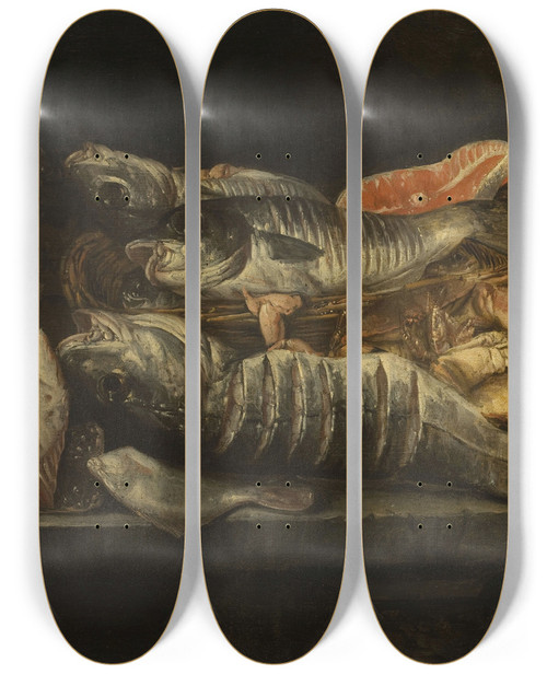 Triptych art skateboard deck of Abraham Van Beijeren Still Life With Fish And Crustaceans On A Table_1 by Abraham Van Beyeren (1620-1690)