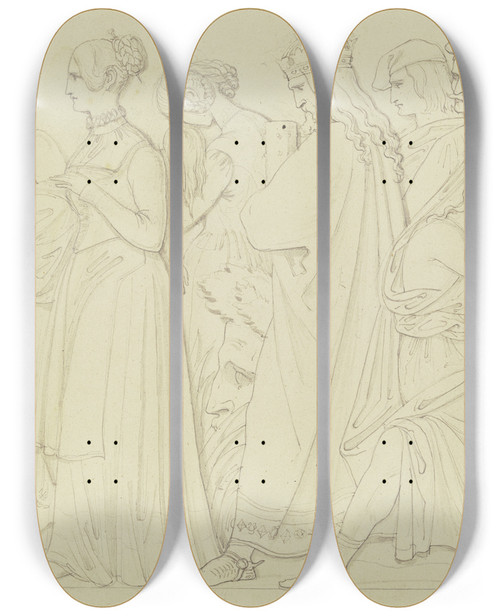 Triptych art skateboard deck of Ludwig Michael Schwanthaler Erster Entwurf Zu Den Vier Reliefs Am Goethemonument_3 by Ludwig Michael Schwanthaler (1802-1848)